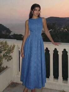 SHEIN MOD 女款時尚百搭圓領百褶牛仔洋裝，適合夏季、秋季，優雅可愛，適用派對、度假、約會、節慶、假日休閒 - 藍色 - 查看 5