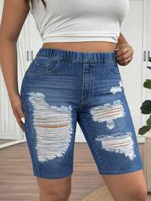 SHEIN Frenchy Mother's Day Plus Size Blue Denim Effect Ripped Pattern Casual Leggings, Suitable For Summer - Blue - View 8