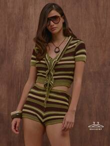 MUSERA Green Striped Knit Cardigan Mini Short Set Sold As Set Summer Autumn Everyday Date Night Holiday Vacation Dazed - Multicolor - View 1