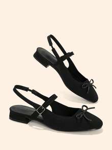 CUCCOO BASICS Elegant Black Knitted Flats For Women Bow Embellished Slingback Design With Adjustable Ankle Strap - Black - View 1
