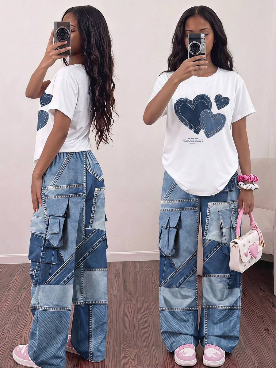 SHEIN 女童 2 件套:白色針織圓領數字印花 T 恤搭配寬鬆休閒長褲 - 藍色 - 查看 1