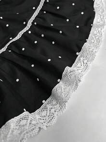 SHEIN Franclia V領百褶蕾絲拼接波浪袖黑白波點女款上衣 無袖上衣 夏季早午餐茶會復古優雅 - 黑色 - 查看 4