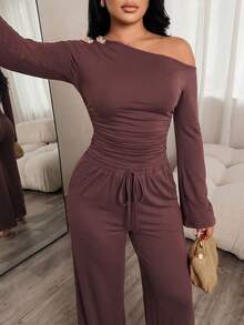 Vavine Women's Elegant Casual Brown & Gold Buckle 2 Pieces Set - Coffee Brown - View 3