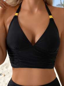 Swim Lushoire Top de bikini sexy con halter y fruncido de unicolor para mujer, ideal para la playa - Negro - Ver 5