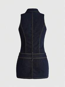 ROMWE Grunge Punk Y2K Retro Sexy Deep V-Neck Bodycon Denim Dress - Blue - View 2