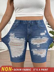 SHEIN Frenchy Mother's Day Plus Size Blue Denim Effect Ripped Pattern Casual Leggings, Suitable For Summer - Blue - View 2