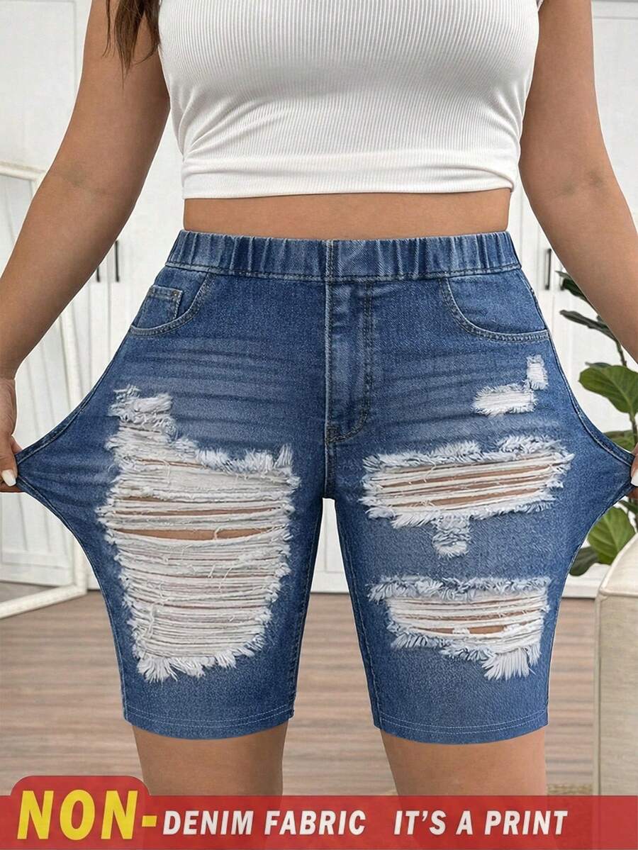 SHEIN Frenchy Mother's Day Plus Size Blue Denim Effect Ripped Pattern Casual Leggings, Suitable For Summer