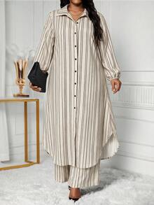 SHEIN Lady 大尺碼女款米色長袖單排扣長襯衫與寬腿褲休閒優雅兩件套，適合秋季早午餐、辦公室正式場合 - 彩色 - 查看 5