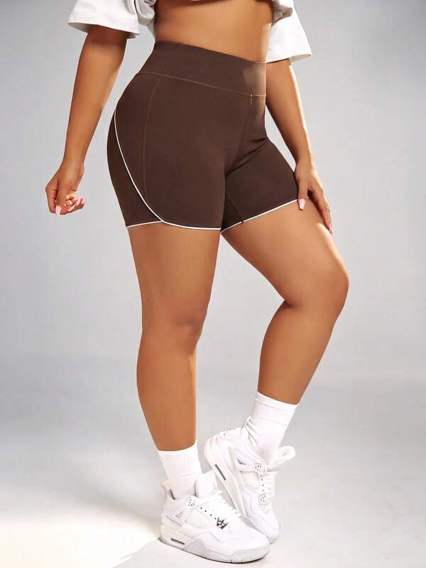 SHEIN Rhythm Era Plus Size Athletic Tight Shorts Blue & White Colorblock Curved Butt-Shaping Slimming Butt-Lifting Base Shorts