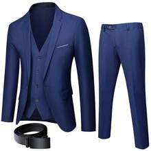 Men's Two-Piece Suit Plus Sizes One-Button, Pants Jacket And Belt Included In Plain Color, Ideal For Weddings Formal Events And Office. - Blue - View 7