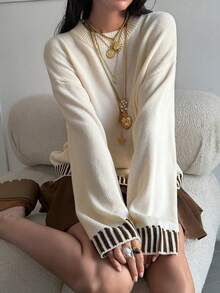 DAZY Women's Round Neck Dropped Shoulder Long Sleeve Patchwork Striped Loose Sweater - Apricot - View 8