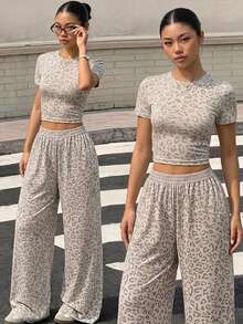 SHEIN Teen Girls 2pcs/Set Set Teen Short Sleeve & Long Pants Outfit, Bow Ribbon Pink/Summer, Sports & Commuting, Outfits, Beach, Boho, Concert, Gym - Multicolor - View 2