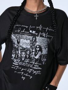 Y2Kool Women's Black Graphic Casual Streetwear Grunge Versatile Mid-Length Loose Fit Printed Short Sleeve T-Shirt Summer Concert Rave Halloween - Black - View 6