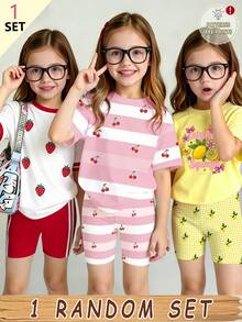 (1 Random Item From 3) Girl's Refreshing Pink And White Striped Cherry Strawberry Lemon Bow Letter Printed Basic Short T Plus Cycling Pants Set - Multicolor - View 1