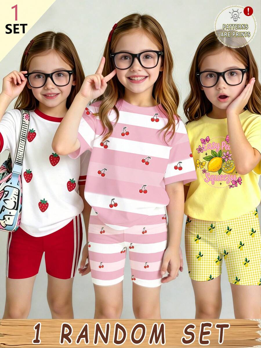 (1 Random Item From 3) Girl's Refreshing Pink And White Striped Cherry Strawberry Lemon Bow Letter Printed Basic Short T Plus Cycling Pants Set - Multicolor - View 1