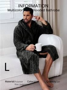 Multi-Color Plush Cable Jacquard Hooded Bathrobe - Men's Couples Style For Autumn/Winter Elegant & Fashionable Home Leisure Wear - Black - View 6