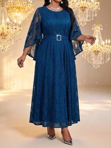 Fleurora Plus Size Autumn And Elegant Commuting Office Evening Dinner Light Blue Knitted Round Neck Pencil Wedding Wedding Fall - Blue - View 4