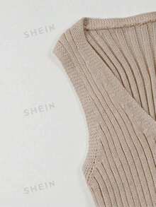SHEIN Franclia 女士百搭简约时尚浅黄色V领优雅女士通勤修身背心 - 卡其色 - 查看 4