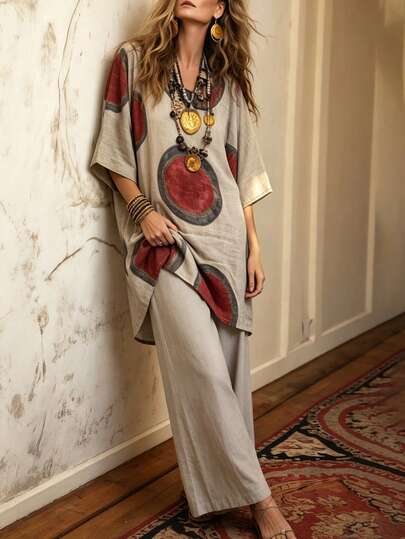 Balvessa 2pcs Linen Set, Digital Print, Loose Fit, Comfortable And Elegant