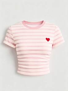 SHEIN 青少年女孩圓領條紋撞色愛心印花短袖T恤與寬腿褲休閒日常套裝 - 白色 - 查看 5