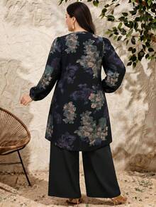 Al Najma Plus Size Women's Floral Print Notch V-Neck Long Shirt And Wide Leg Pants Arabian Set - Multicolor - View 2