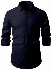 Manfinity Mode Men's Casual Versatile Solid Color Long Sleeve Shirt - Navy Blue - View 5