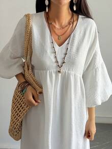 DAZY Summer Autumn Casual Sweetheart Neck Long Sleeve Ruched Waist Ruffle Hem Elegant Women Mid-Length Dress - White - View 3