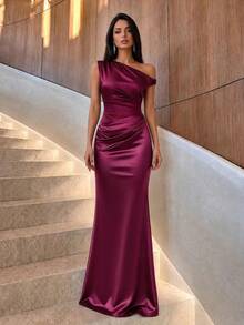 Firerie Elegant Burgundy Metallic Glitter Satin Patchwork Asymmetric Shoulder Buckle Decor Fishtail Dress Fall Wedding - Purple - View 6