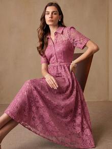 BELROSIE Elegant Elegant Women's Minimalist Chic Date Luxury High-End Exquisite Heavy Lace Fabric Shirt Collar With Belt Waist-Cinching Slimming A-Line Button-Up Front Short Sleeve Mid-Length Dress - Pink - View 5