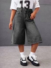 SHEIN Tween女孩Y2K時尚休閒百搭街頭風淺藍色復古水洗牛仔寬鬆大廓形高腰百慕大短褲 牛仔寬腿長短褲 夏季海灘波希米亞度假短褲 夏季音樂會節慶休閒電音派對 夏日早午餐教堂畢業返校街頭穿搭 - 黑色 - 查看 4