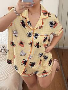 Napfluff CURVE Napfluff CURVE Halloween Themed Cartoon Print Bubble Crinkle Button-Up Short Sleeve Shorts Pajama Set Plus Size - Yellow - View 3