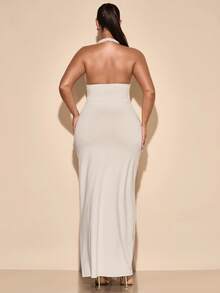 SHEIN BAE Plus Size Women Elegant Long V-Neck Halter Backless Dress, Suitable For Daily Wear, Outing, Dates, Afternoon Tea, Vacation, Spring/Summer - Apricot - View 2