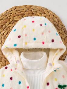 SHEIN Young Girl Knitted Faux Fur Cherry Patch Colorful Polka Dot Hooded Casual Jacket - Multicolor - View 3