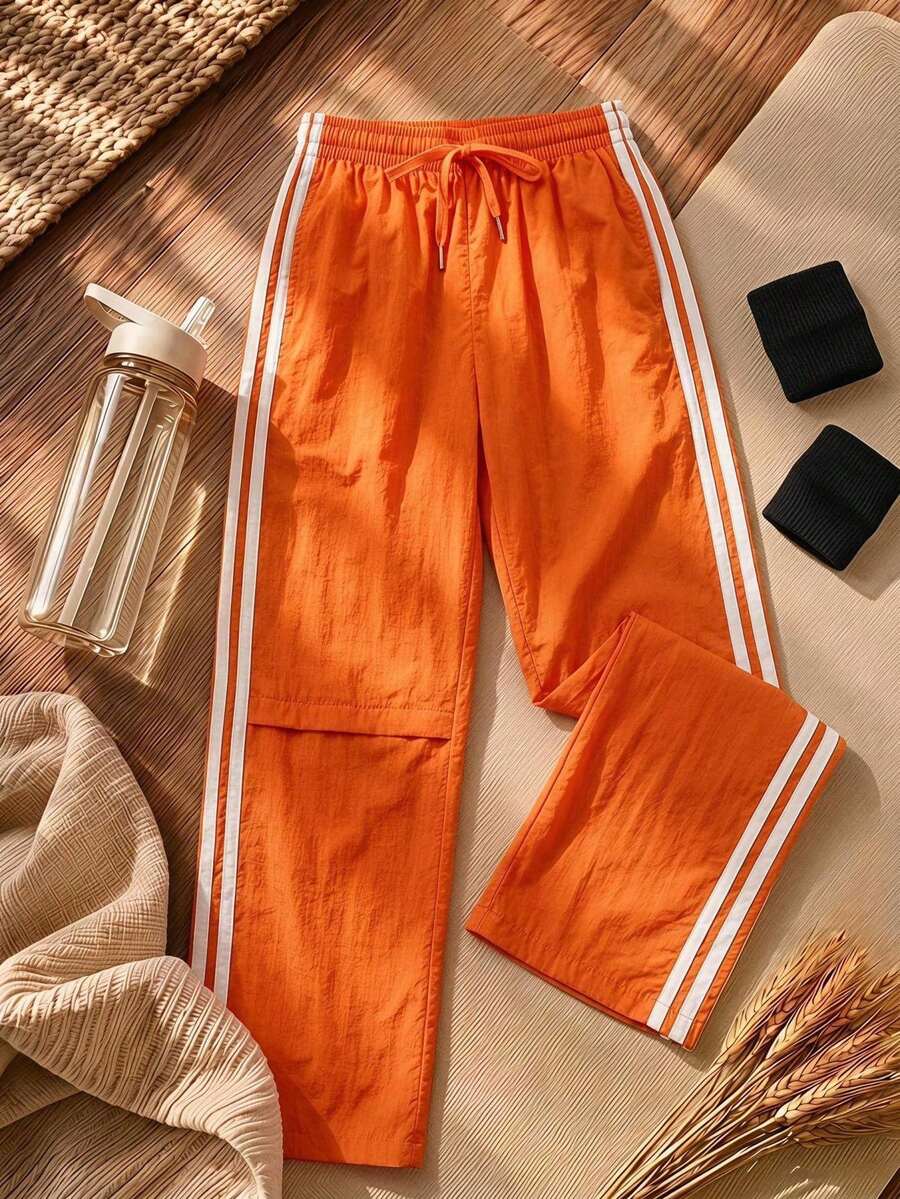SHEIN Cheerettes 女式抽绳腰侧条纹印花口袋休闲宽松运动裤 - 橘色 - 查看 1