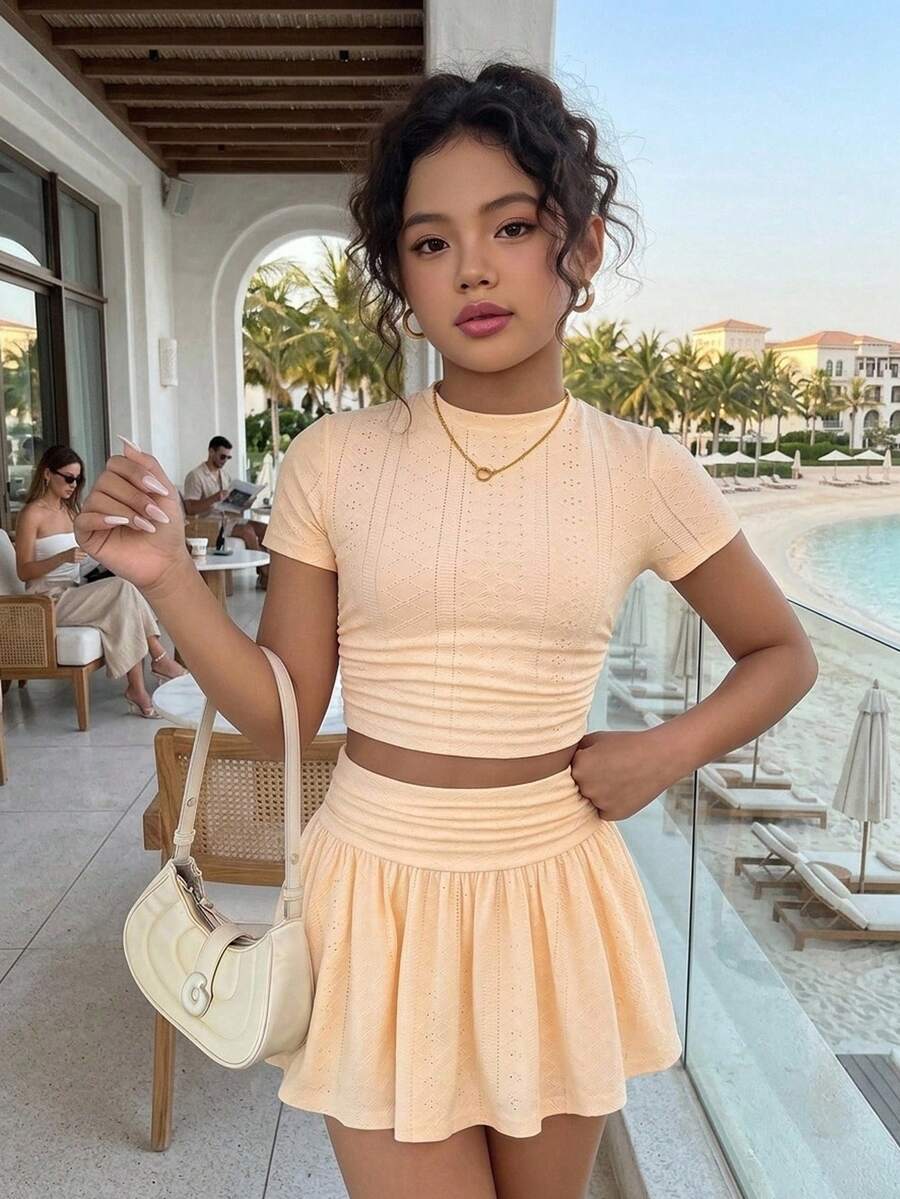 SHEIN Tween Girl Knit Solid Color Crew Neck Casual Cute T-Shirt And Skirt 2 Pieces Set Vacation White Summer - Multicolor - View 1