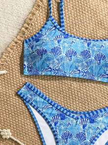 Swim Mod 2pcs/Set Women's Beach Bikini Set, Random Colorful Ocean Element & Shell Strap, Geometric Contrast Trim Design - Multicolor - View 6
