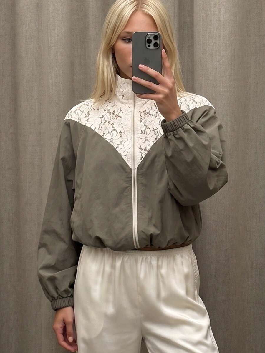 AiiRZ Funnel Neck Full-Zip Lightweight Jacket With Floral Lace Panelling, Balloon Sleeves And Elastic Hem - Multicolor - View 1