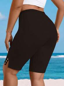 EMERY ROSE Plus Size Women Solid Color High Waist Casual Versatile Daily Wear Skinny Shorts - Brown - View 2