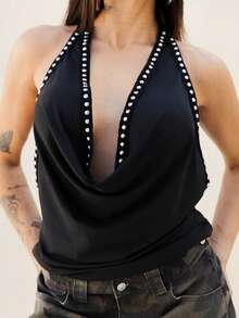 Maju Mazalli Women's Y2K Sexy Draped Collar Backless Studded Halter Top Summer Top Rave Festival Black - Black - View 7