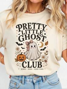 EMERY ROSE 復古可愛蝴蝶結幽靈南瓜印花短袖T恤 Pretty Little Ghost 圓領上衣，萬聖節穿搭 - 米色 - 查看 3