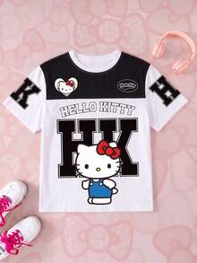 HELLO KITTY AND FRIENDS | SHEIN 青少年女孩圓領卡通圖案短袖T恤 - 白色 - 查看 1