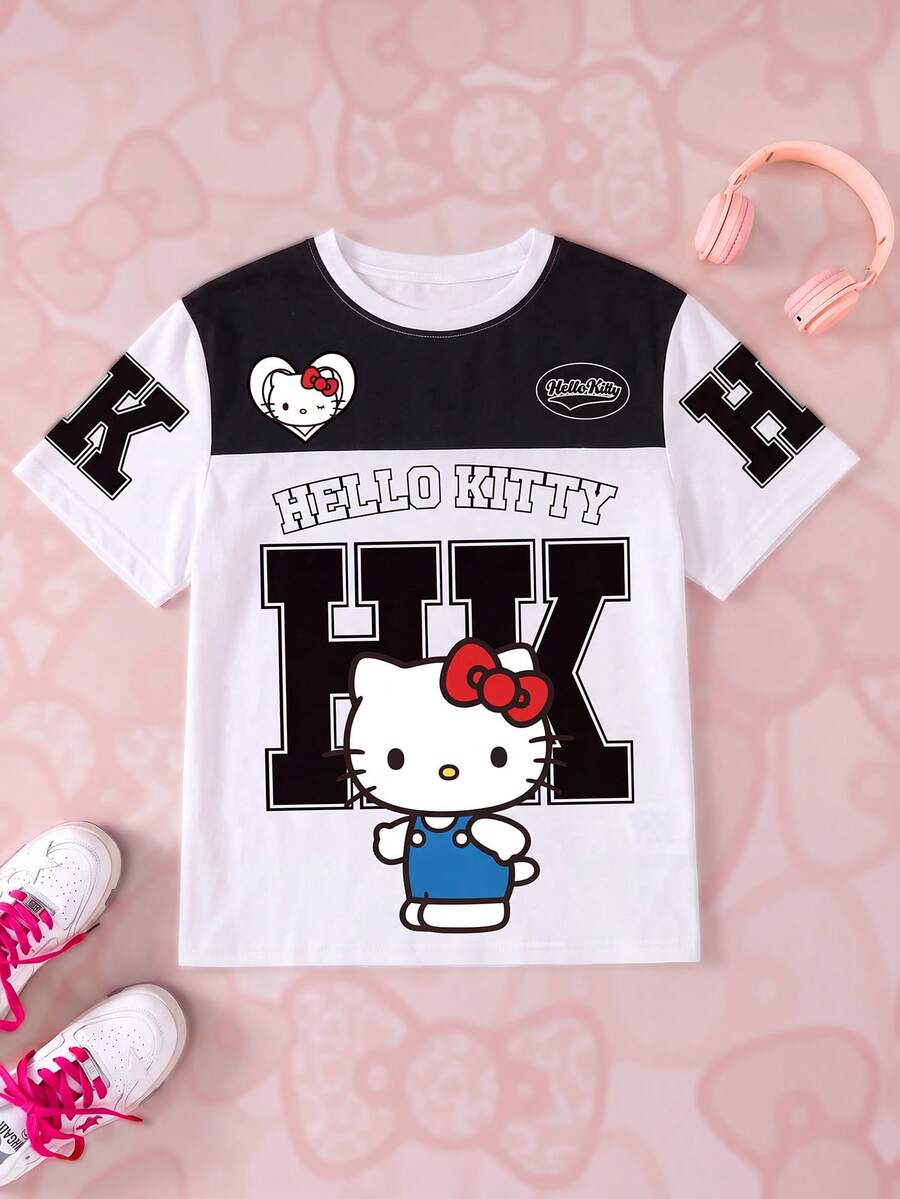 HELLO KITTY AND FRIENDS | SHEIN 青少年女孩圓領卡通圖案短袖T恤 - 白色 - 查看 1