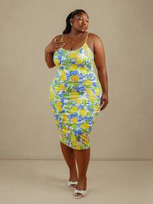 CurvyTilda Casual Minimalist Full-Print Fresh Lemon Fruit Pattern Bodycon Cami Maxi Dress Party Elegant Vacation - Yellow - View 4