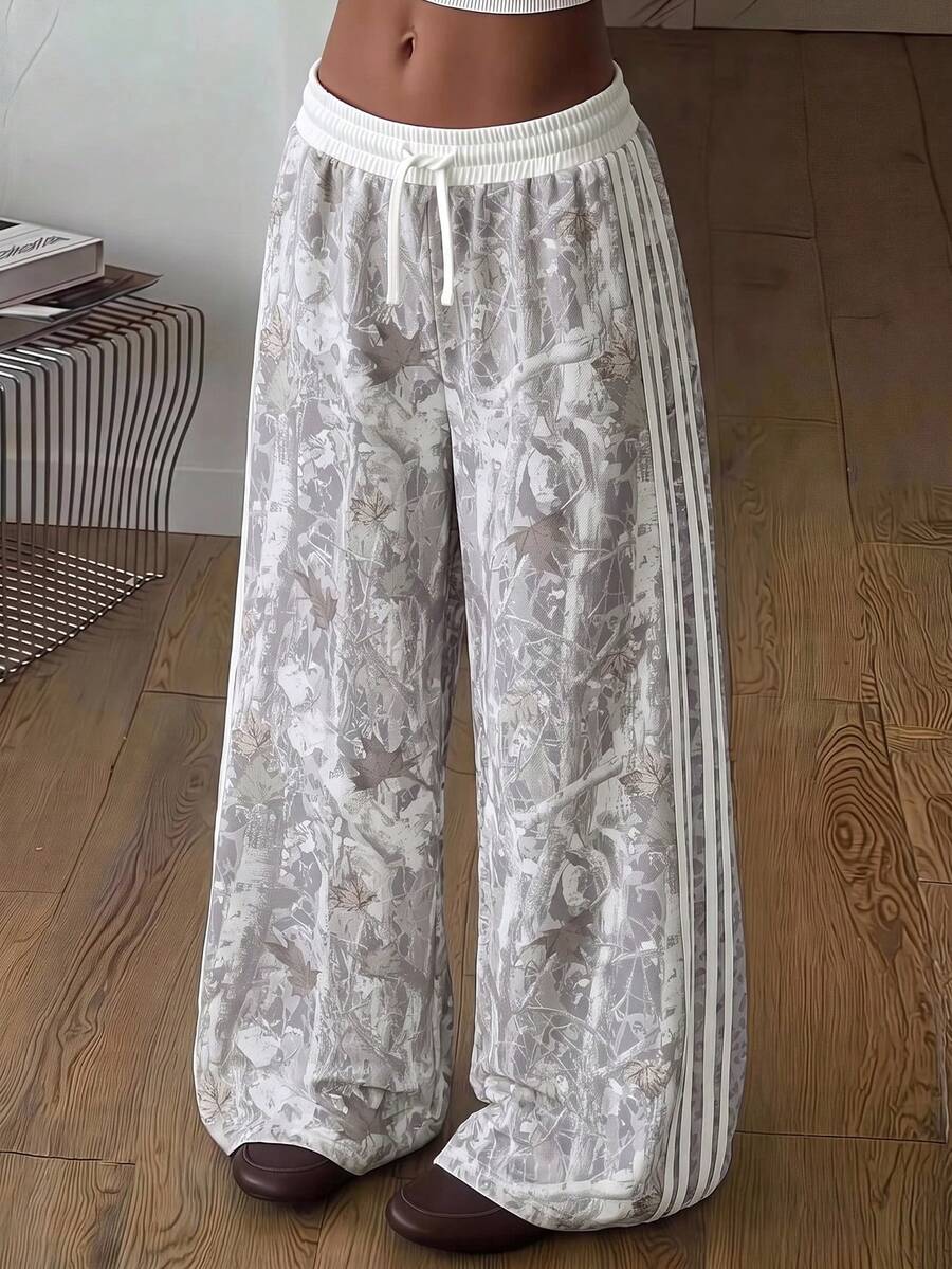 SHEIN Tween女孩新款針織豹紋拼接貼帶寬腿運動褲,春夏秋冬皆宜,休閒百搭修身低腰鬆緊腰帶寬鬆運動褲,拼色拼接,海軍藍,返校季 - 彩色 - 查看 1