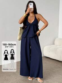 SHEIN PETITE Women's Solid Color Halter Tie Backless Pleated Top And Wide Leg Pants Casual Elegant Sexy 2-Piece Set Petite Night Out Vacation Navy Blue Summer - Navy Blue - View 10