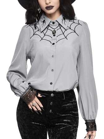 Goth Blusa de mujer con bordado de tela de araña gótico, se puede usar como capa interior