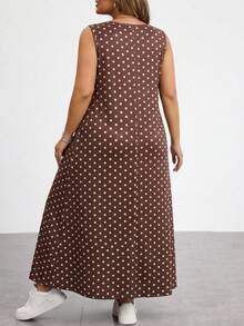 SHEIN CURVE+ 大尺碼女款秋冬波點寬鬆洋裝，休閒舒適，適合居家與通勤穿著 - 棕色 - 查看 4