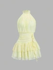 Sweetra Women's New Pink Dress, Elegant Party Dress, Summer Dress, Vacation Outfit, Beach Dress, Spring Dress, Holiday Outfit, Birthday Dress, Suitable For Party, Commute, Daily Wear, Travel, Vacation, Sweet, Elegant, Cute, Playful, Spicy, Pink Lace Floral Pattern, Stand Collar, Sleeveless, Ruched Waist, Ruffle Hem, Asymmetrical Cake Skirt, Backless Tie-Up Short Dress, Spring, Summer, Autumn, Winter - Yellow - View 1
