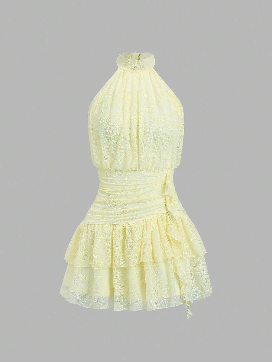 Sweetra Women's New Pink Dress, Elegant Party Dress, Summer Dress, Vacation Outfit, Beach Dress, Spring Dress, Holiday Outfit, Birthday Dress, Suitable For Party, Commute, Daily Wear, Travel, Vacation, Sweet, Elegant, Cute, Playful, Spicy, Pink Lace Floral Pattern, Stand Collar, Sleeveless, Ruched Waist, Ruffle Hem, Asymmetrical Cake Skirt, Backless Tie-Up Short Dress, Spring, Summer, Autumn, Winter - Yellow - View 1