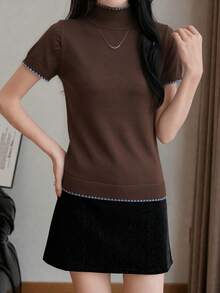 SHEIN Franclia Semi-High Neck Fitted Shell Embroidery Pullover Short Sleeve Knit Top - Coffee Brown - View 5